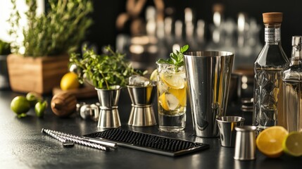 Poster - A stylish mixology bar with cocktail shakers and spirits, Bar tools and ingredients neatly placed, Contemporary cocktail style