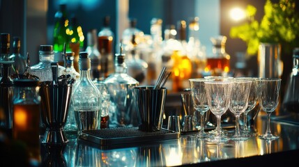 Poster - A stylish mixology bar with cocktail tools and premium spirits, Mixology tools and sophisticated cocktail glasses neatly arranged, Urban mixologist style