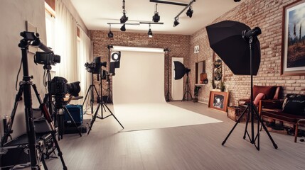 Aufkleber - A stylish photography studio with professional cameras and lighting, Photography equipment and backdrops neatly arranged, Contemporary artistic style