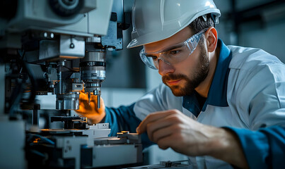 Poster - A focused technician operates machinery in a workshop setting.