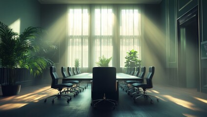 Poster - Sunbeams illuminate a large, empty conference room with a long table and chairs.
