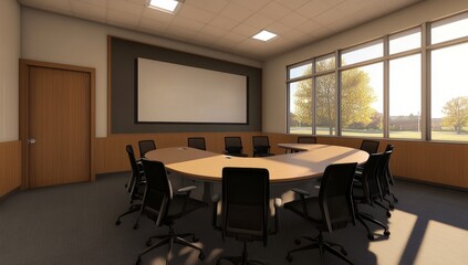 Poster - Modern conference room with large windows, curved table, and projector screen.