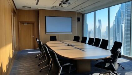 Wall Mural - Modern boardroom with city view, large table, projector, and screen.