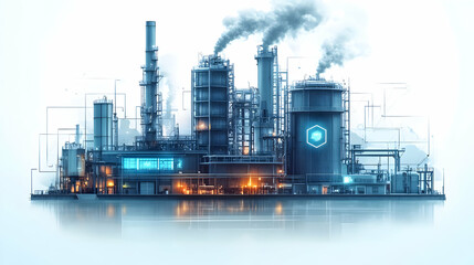 Poster - Industrial facility with smokestacks and glowing elements, depicting a modern manufacturing site.