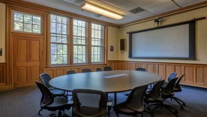 Poster - Oval conference table in a wood-paneled room with large windows and projector screen.