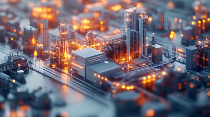 Poster - Aerial view of an industrial complex with glowing lights and structures.