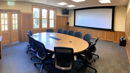 Poster - Oval conference table in a bright meeting room with projector and screen.