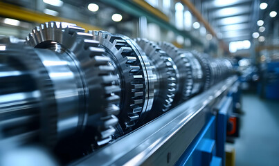 Poster - Close-up of precision gears on a production line in an industrial setting.