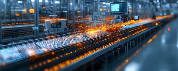 Poster - A high-tech industrial scene with glowing elements on a conveyor belt in a factory setting.