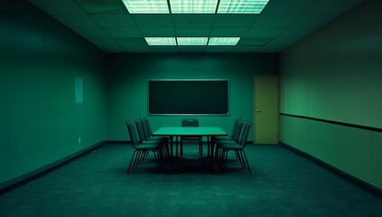 Poster - Empty, dimly lit conference room with a table and chairs, a blackboard, and a door.