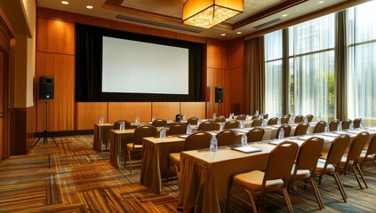 Poster - Modern conference room with projector screen, tables, chairs, and natural light.