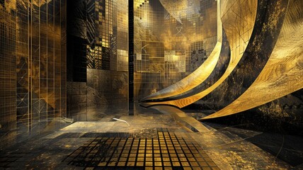 Poster - Explore this stunning avant-garde stage background, featuring intricate geometric patterns and a rich golden palette that creates a striking visual experience.
