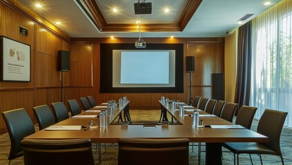 Poster - Modern boardroom with large screen, wooden paneling, and seating for a meeting.