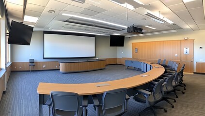 Poster - Modern conference room with curved table, projector, screens, and chairs.