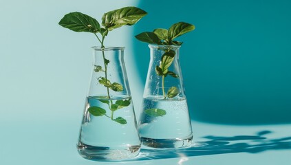 Poster - Two plants growing in beakers against a blue background.