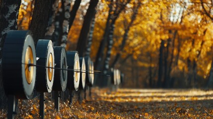 Poster - A tranquil archery range surrounded by autumn foliage, Bows and arrows aligned for precision shooting, Natural outdoor style