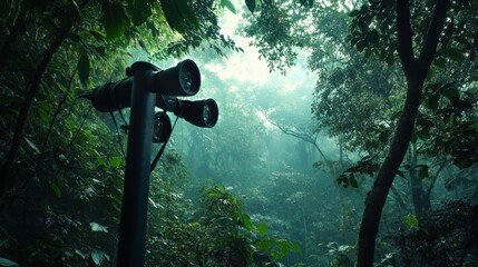 Aufkleber - A tranquil birdwatching hideout in a dense forest, Binoculars and bird guides meticulously placed, Nature immersive style
