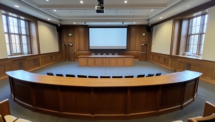 Poster - Modern lecture hall with curved wooden seating, projector screen, and long table.