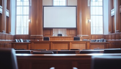Poster - Empty wooden conference room with projection screen.