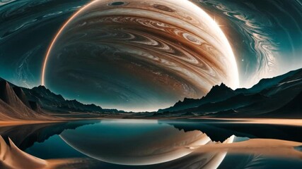 Wall Mural - Video footage of surreal landscape with a massive, detailed planet dominating the sky, reflected in a calm lake, surrounded by jagged mountains under a starry night