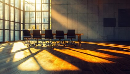 Poster - Sunlit modern conference room with empty chairs.