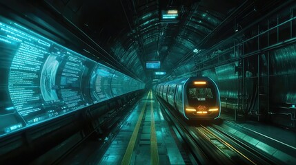 Poster - Futuristic Train in Neon Subway with High-Tech Interface Display