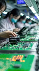 Poster - Assembly Line of Technicians Working on Circuit Boards and Components