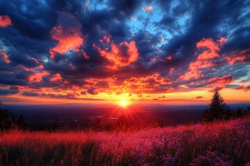Wall Mural - Vibrant sunset over a field of wildflowers, fiery clouds fill the sky. Perfect for illustrating peace, serenity, or nature-related projects.