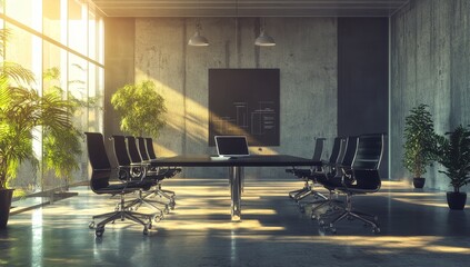 Poster - Sunlit modern conference room with large windows, plants, and concrete walls.