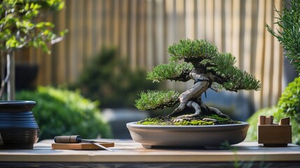Poster - A tranquil bonsai garden with miniature trees and pruning tools, Bonsai care tools and serene Zen elements meticulously arranged, Japanese garden style