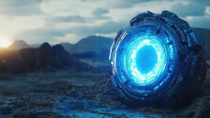 Poster - Futuristic Sci-Fi Object with Glowing Blue Core in Desert Landscape