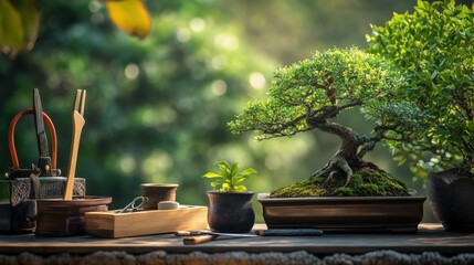 Poster - A tranquil bonsai garden with miniature trees and pruning tools, Bonsai care tools and serene Zen elements meticulously arranged, Japanese garden style