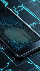 Poster - Modern smartphone displaying digital fingerprint on futuristic background