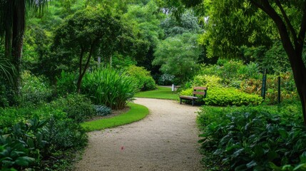 Wall Mural - A tranquil botanical garden with meticulously curated plant collections and serene pathways, Gardening tools and educational signs set up for exploration, Classic photo of