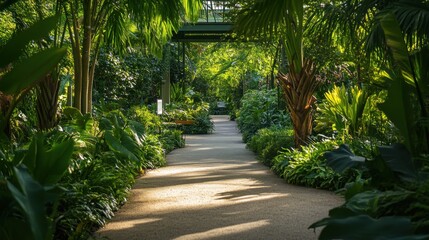 Poster - A tranquil botanical garden with meticulously curated plant collections and serene pathways, Gardening tools and educational signs set up for exploration, Classic photo of