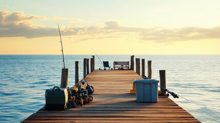 Poster - A tranquil fishing pier extending over calm ocean waters, Fishing gear arranged for a day’s catch, Coastal leisure style