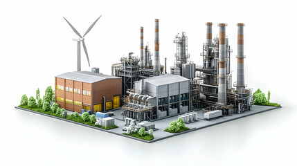 Poster - A modern industrial complex featuring factories, smokestacks, and a wind turbine.