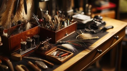 Poster - A tranquil fly-tying bench with fishing flies and feathers, Fly-tying tools and materials meticulously arranged, Angler's delight style