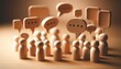 © KenPix - wooden figurines, speech bubbles, communication concept, minimalist design, warm tones, shallow depth of field, soft lighting, abstract representation, dialogue illustration, simplistic shapes, conver
