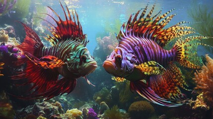 Wall Mural - Two Colorful Lionfish Facing Each Other in a Coral Reef