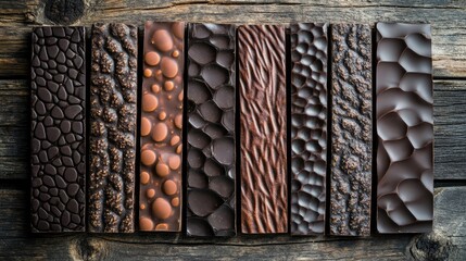 Poster - Various Textures of Dark Chocolate Bars on Rustic Wooden Surface