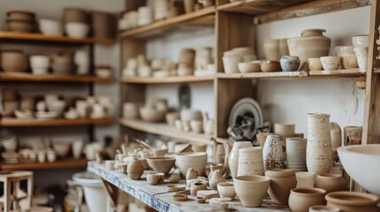 Aufkleber - A tranquil pottery studio with clay tools and spinning wheels, Tools arranged amidst shelves of drying ceramics and glazes, Artisanal pottery style