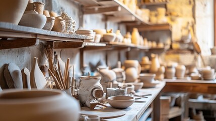 Aufkleber - A tranquil pottery studio with clay tools and spinning wheels, Tools arranged amidst shelves of drying ceramics and glazes, Artisanal pottery style