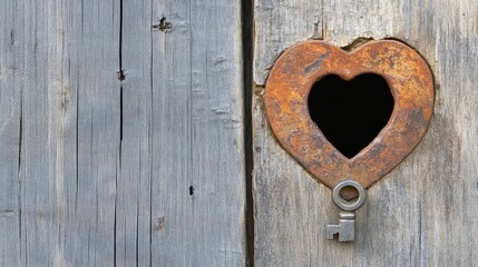 Poster - Rustic Heart-Shaped Keyhole with Vintage Iron Key on Wooden Door