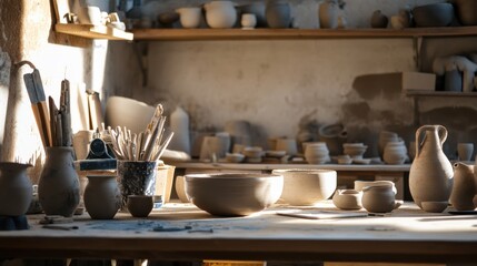 Poster - A tranquil pottery studio with pottery tools and creative clay sculptures, Pottery tools and artisanal ceramics neatly organized, Artisan pottery style