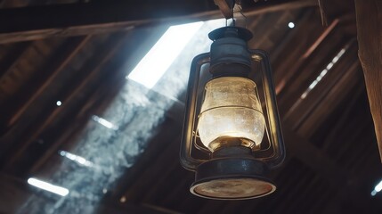 Poster - Vintage Oil Lantern Hanging from Rustic Ceiling with Sunlight Beams