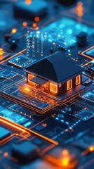 Poster - Modern Home on Circuit Board with Neon Lights and Technology Design