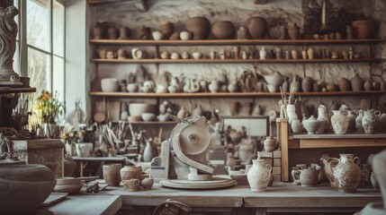 Poster - A tranquil pottery studio with spinning wheels and clay sculptures in progress, Artisan tools organized in a rustic workshop, Craftsmanship ambiance style