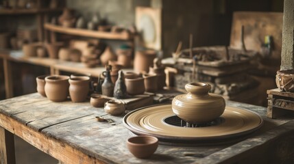 Poster - A tranquil pottery studio with spinning wheels and crafted clay pieces, Artisan tools arranged in a rustic workshop, Craftsmanship ambiance style