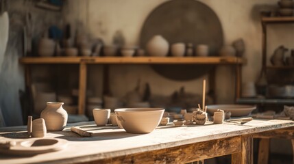 Poster - A tranquil pottery studio with wheel and tools, Clay sculptures in progress on worktables, Artisanal ambiance style